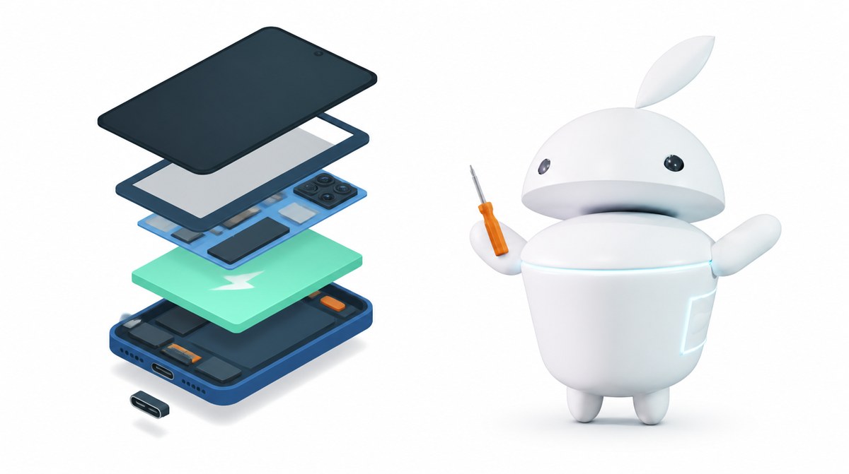 Rozložená schéma modulárneho telefónu Fairphone — displej, batéria, kamera a nabíjací port ako samostatné diely, vedľa maskot iguru.sk