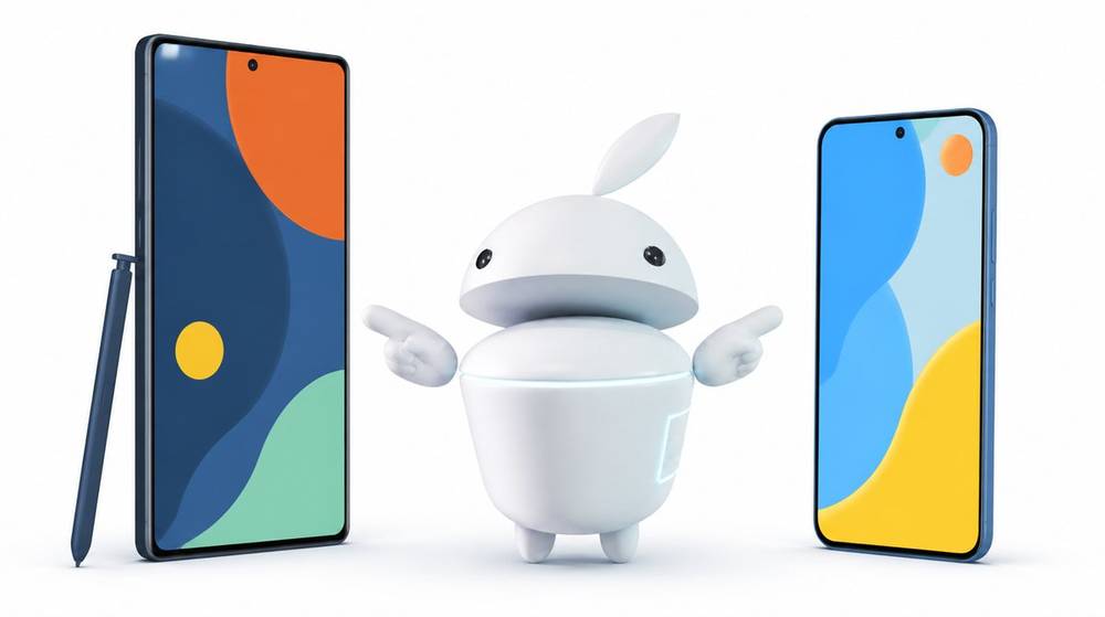 Maskot iguru.sk medzi dvoma smartfónmi — vľavo väčší model s dotykovým perom, vpravo tenší telefón
