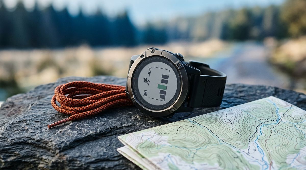 Športové GPS hodinky s tmavým rámikom ležia na plochom kameni vedľa stočenej oranžovej šnúrky a rozloženej turistickej mapy