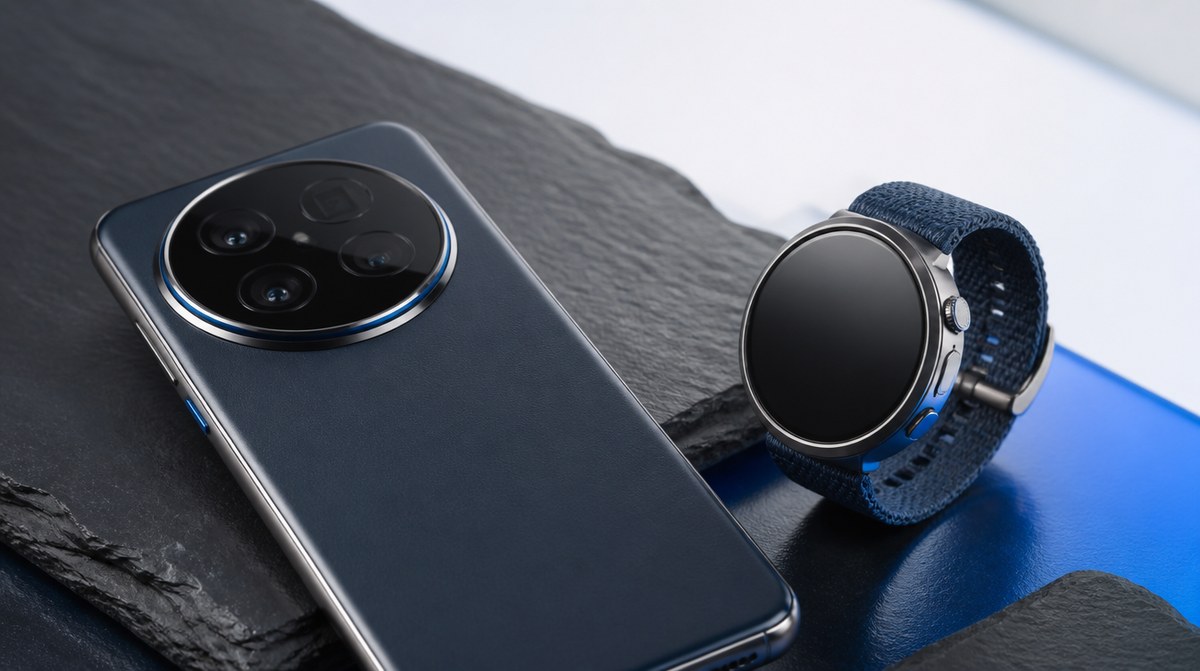 Repasovaný telefón Huawei s veľkým kruhovým fotomodulom a smart hodinkami na tmavej podložke