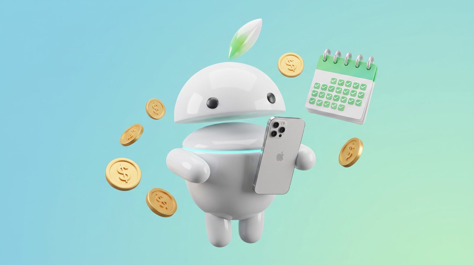 iPhone na splátky v iguru.sk – maskot s iPhonom, mincami a kalendárom splátok