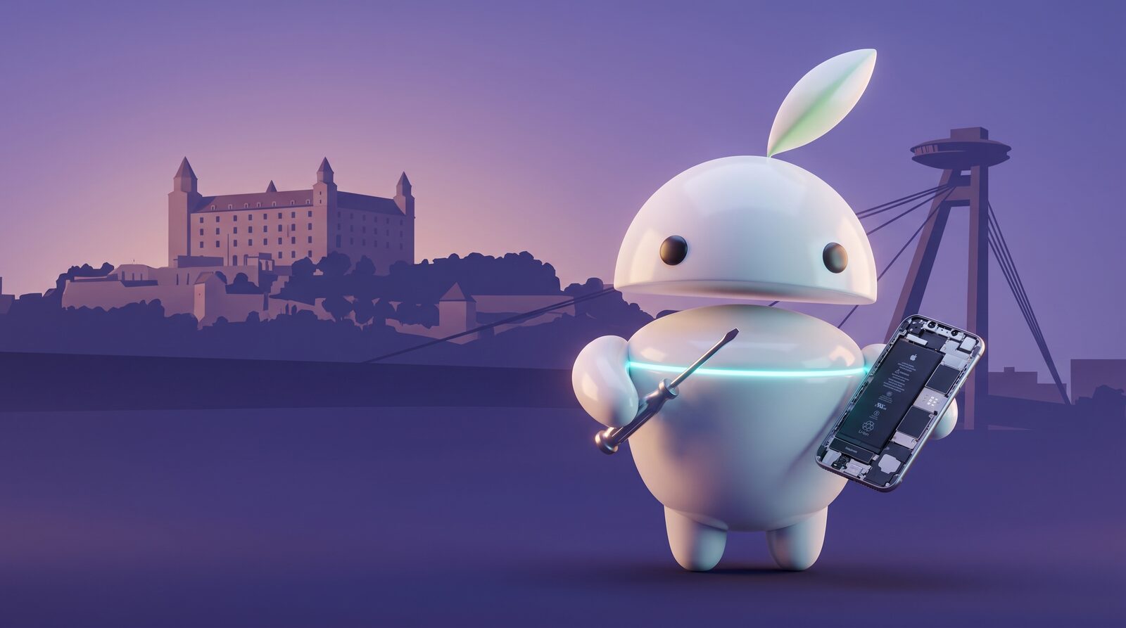 Servis mobilov Bratislava – maskot iguru.sk opravuje telefón, silueta mesta