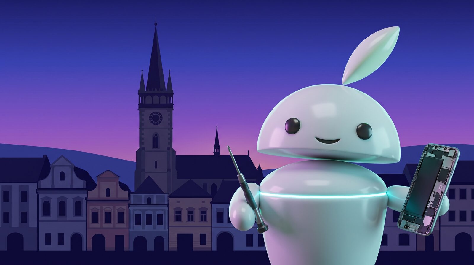 Servis mobilov Prešov – maskot iguru.sk opravuje telefón, silueta mesta
