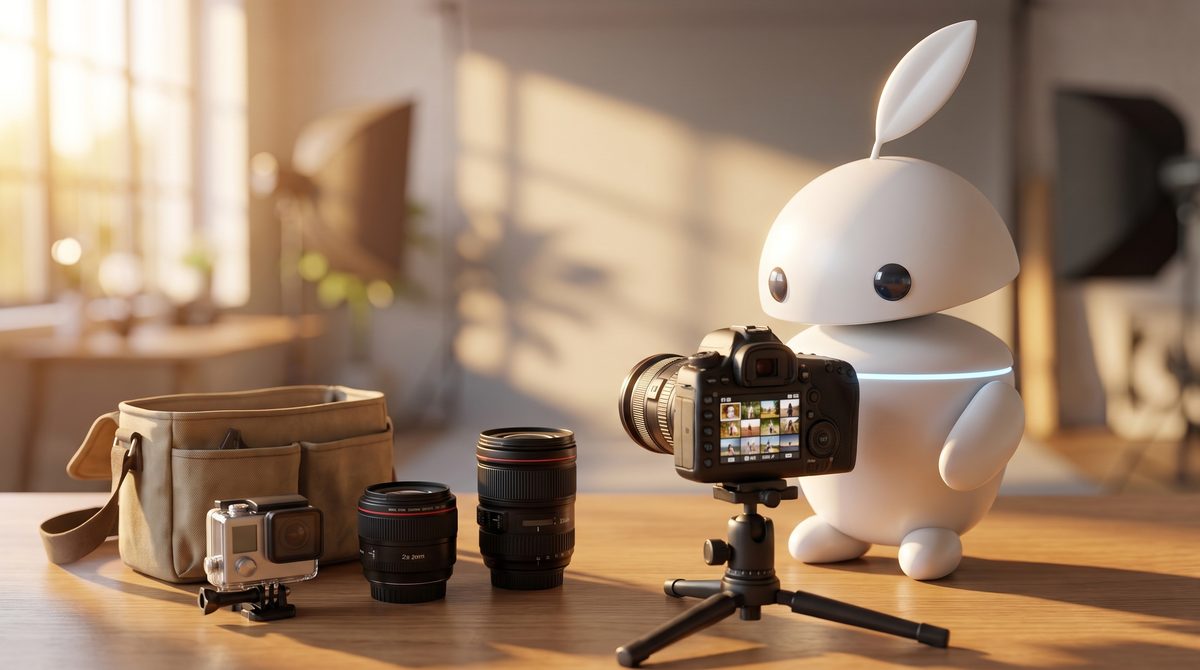 Maskot iguru.sk kontroluje fotoaparát a objektívy pri zlatom svetle – výkup fototechniky