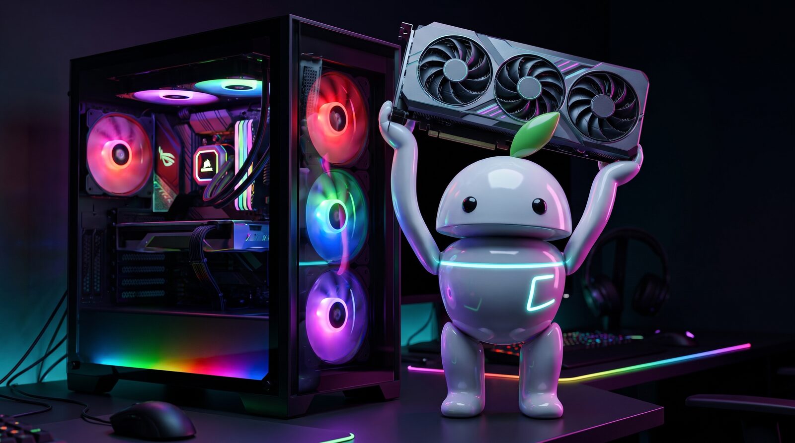 Výkup herných PC iguru.sk – maskot s grafickou kartou pri RGB zostave, Košice a online SK a CZ