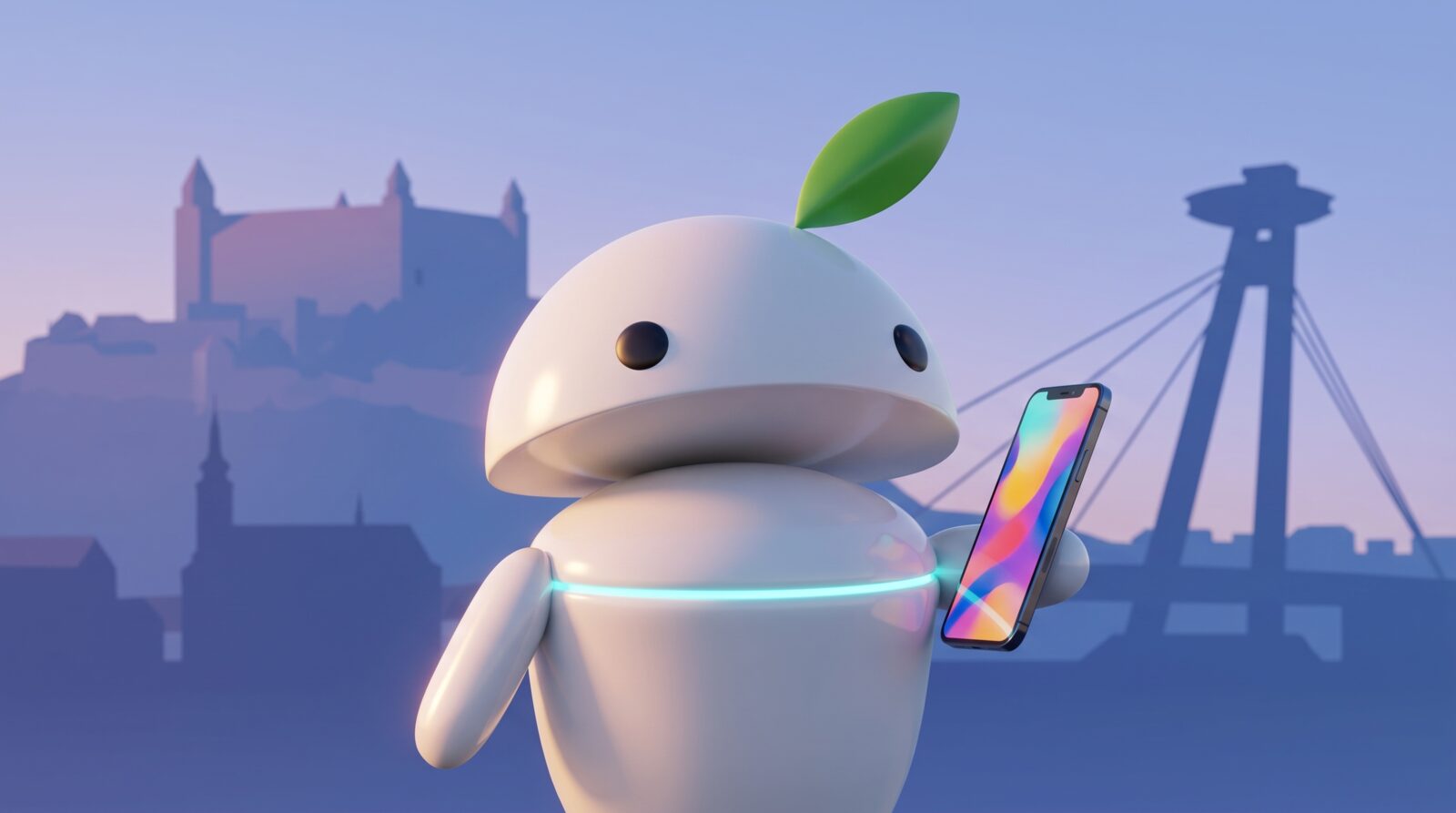 Výkup mobilov Bratislava – maskot iguru.sk s telefónom, silueta mesta Bratislava