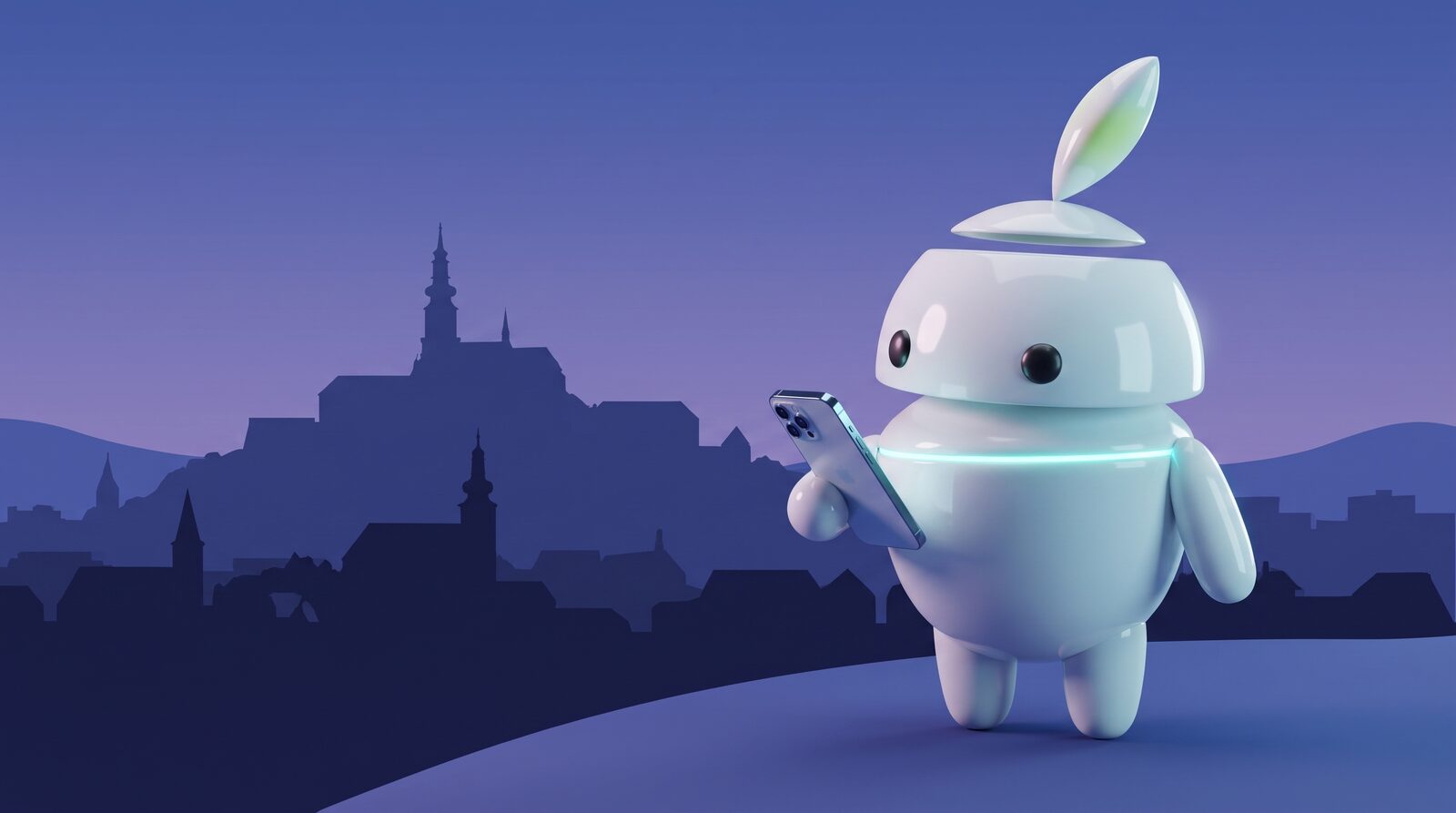 Výkup mobilov Nitra – maskot iguru.sk s telefónom, silueta mesta Nitra