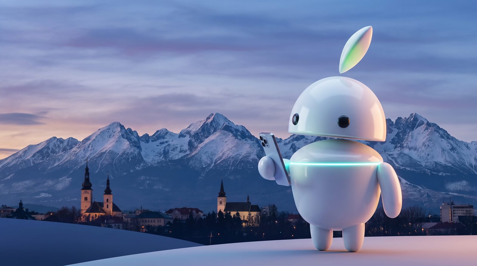 Výkup mobilov Poprad – maskot iguru.sk s telefónom, silueta mesta Poprad