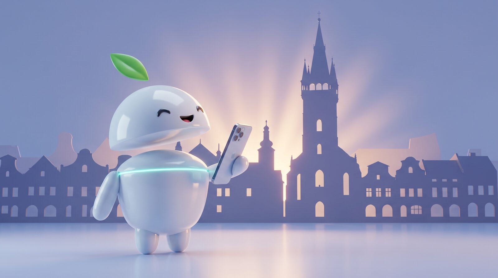 Výkup mobilov Prešov – maskot iguru.sk s telefónom, silueta mesta Prešov