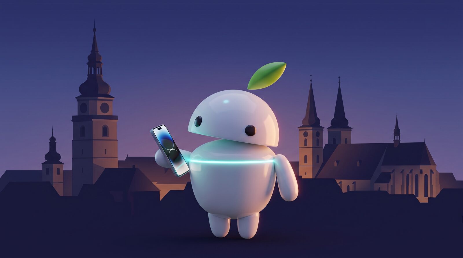 Výkup mobilov Trnava – maskot iguru.sk s telefónom, silueta mesta Trnava