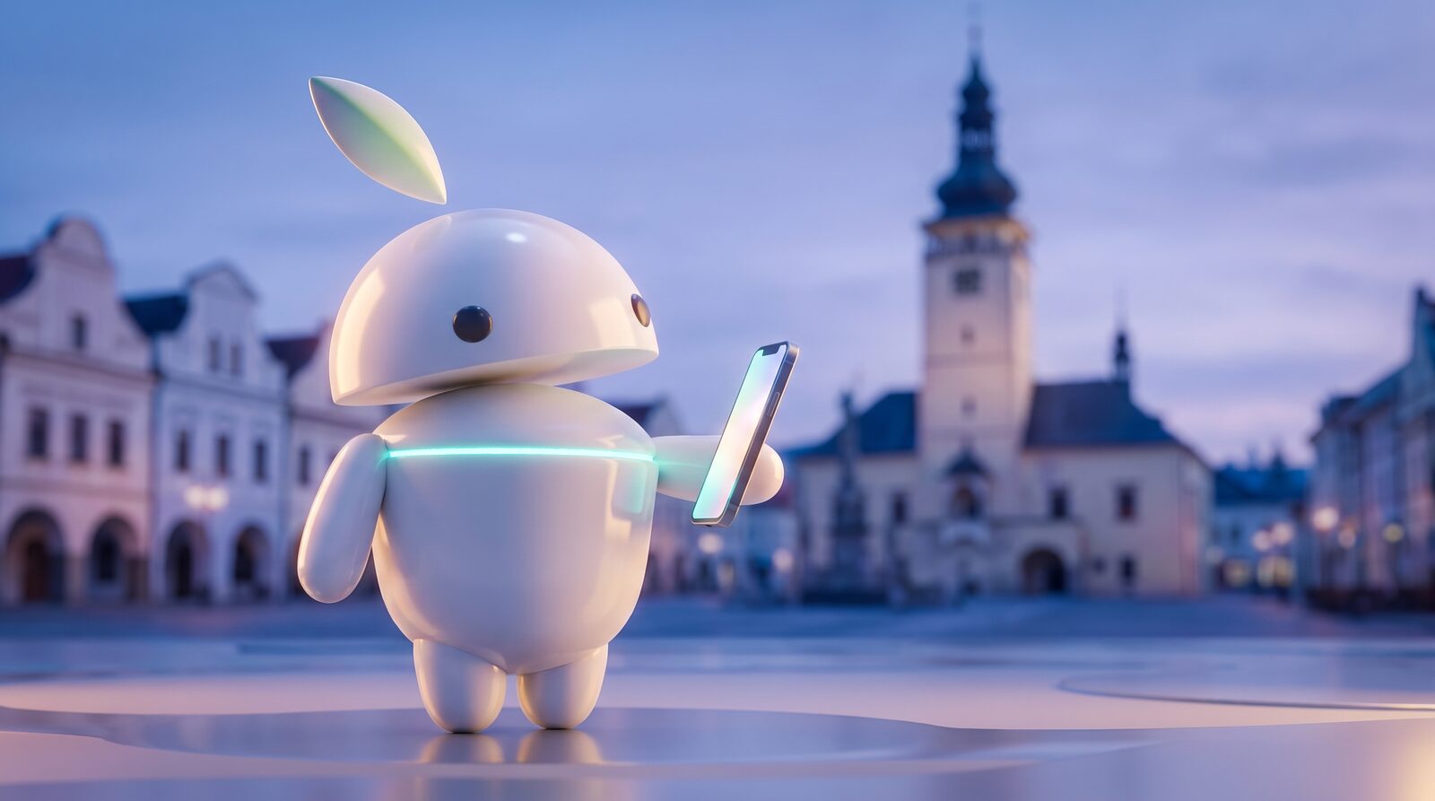 Výkup mobilov Žilina – maskot iguru.sk s telefónom, silueta mesta Žilina