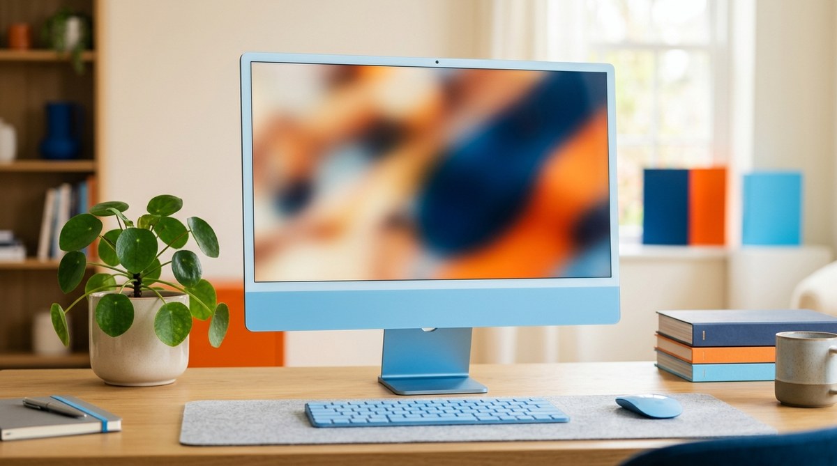 Renovovaný farebný iMac 24 palca s čipom M1 na pracovnom stole v domácej kancelárii