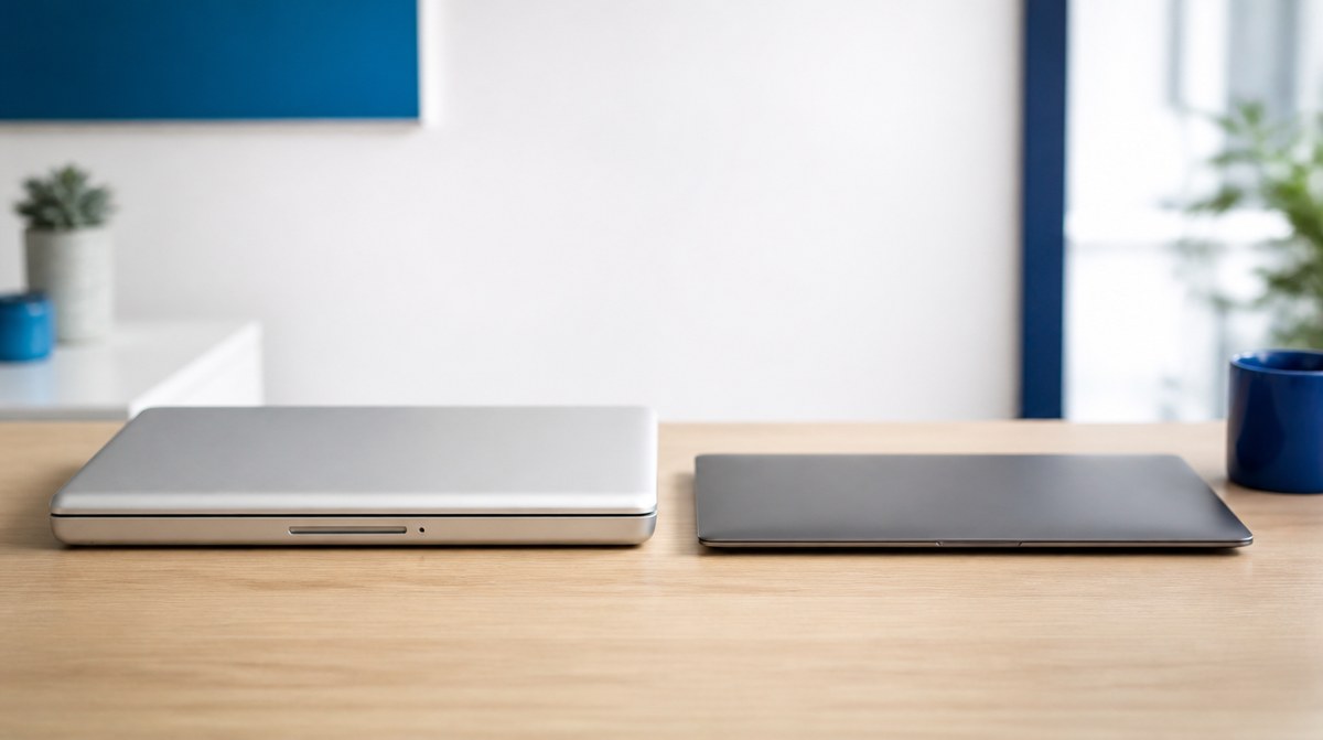Starší strieborný hliníkový MacBook vedľa novšieho tmavého notebooku na pracovnom stole