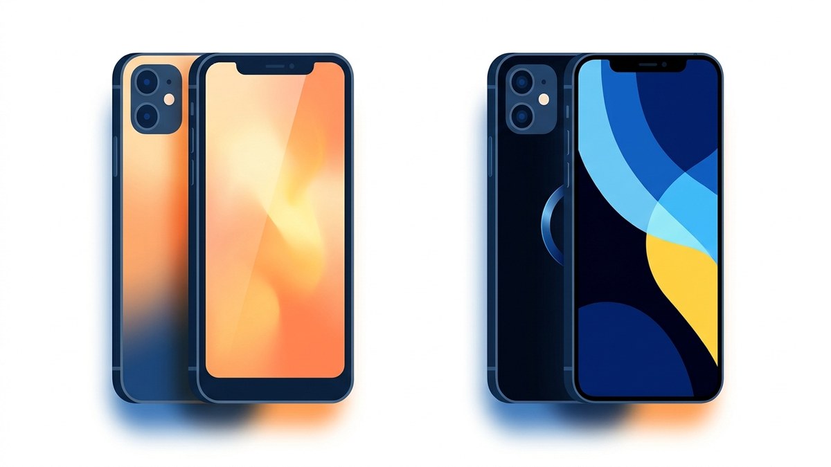 Repasovaný iPhone 11 s LCD displejom vedľa iPhonu 12 s OLED displejom a MagSafe krúžkom
