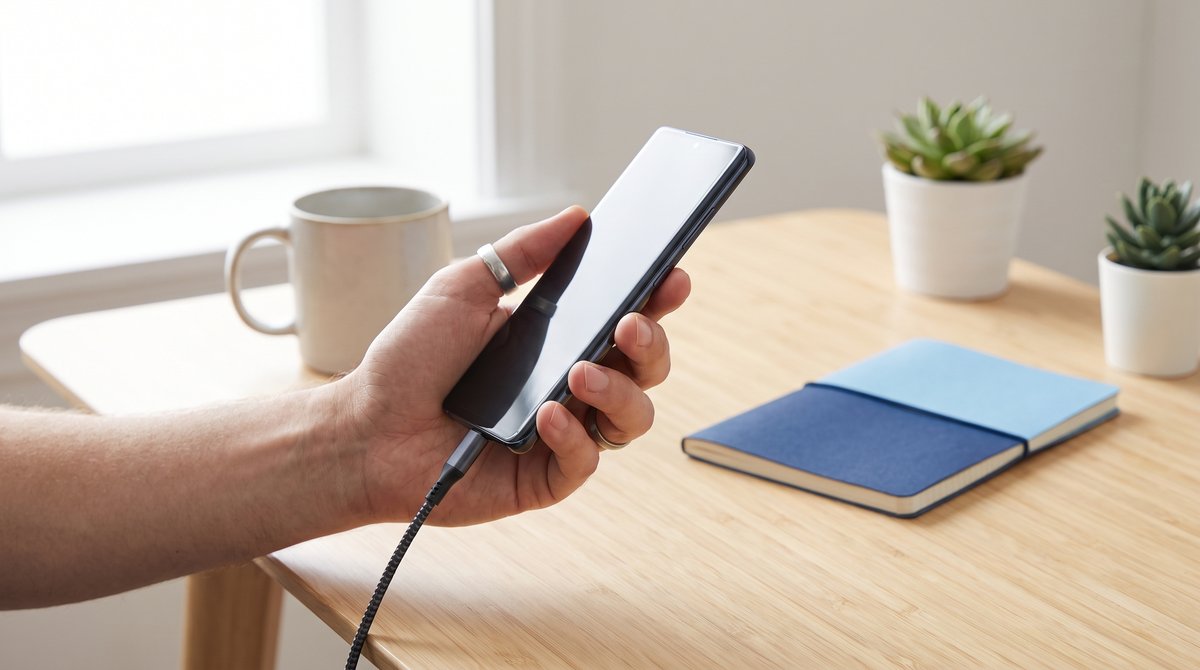Repasovaný iPhone 15 Plus s veľkým displejom, Dynamic Island a USB-C konektorom na svetlom podklade
