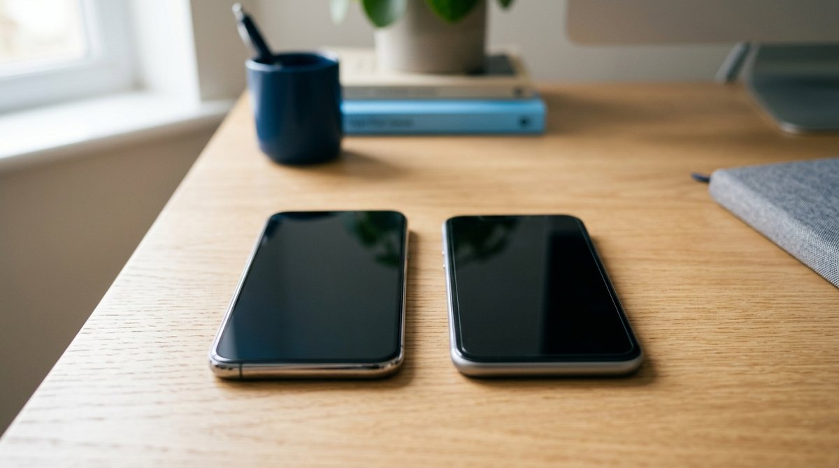 Dva smartfóny vedľa seba na pracovnom stole ako ilustrácia porovnania iPhone 16 a iPhone 17