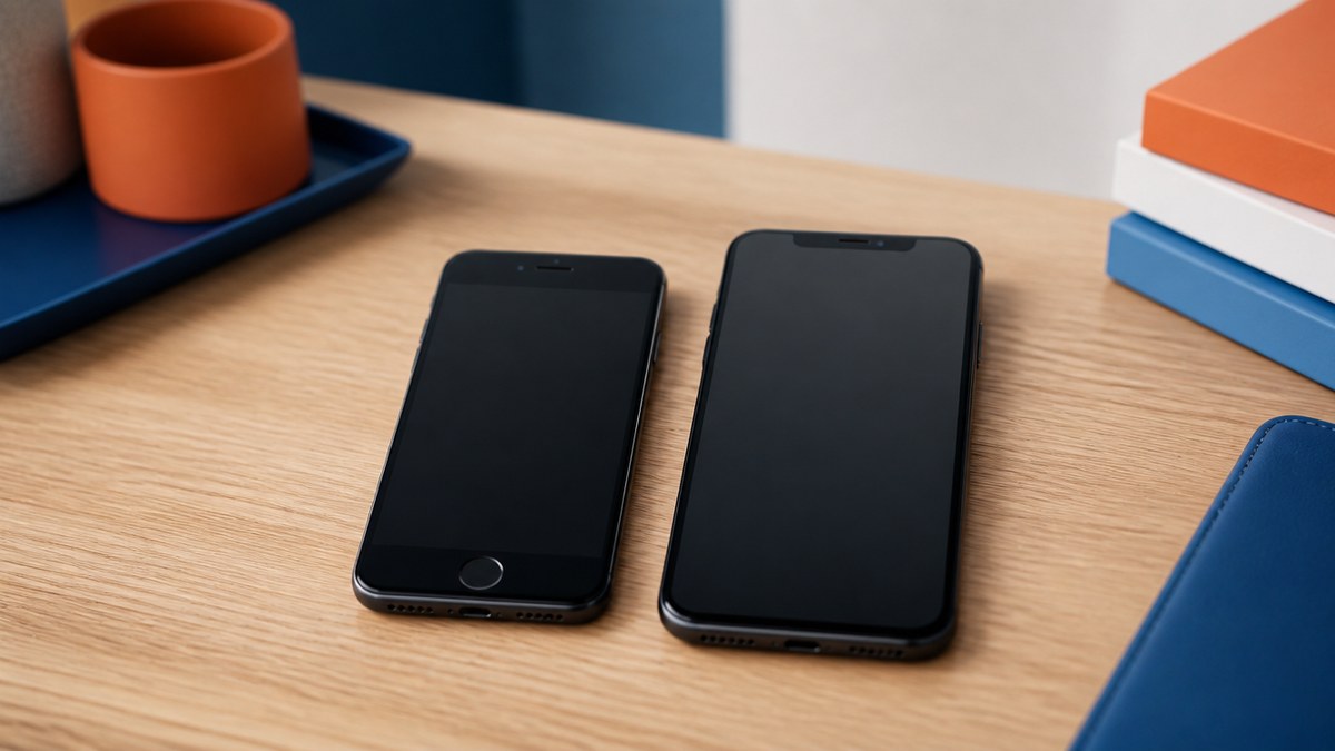 Repasovaný iPhone 8 s tlačidlom Domov vedľa iPhonu X s OLED displejom na pracovnom stole