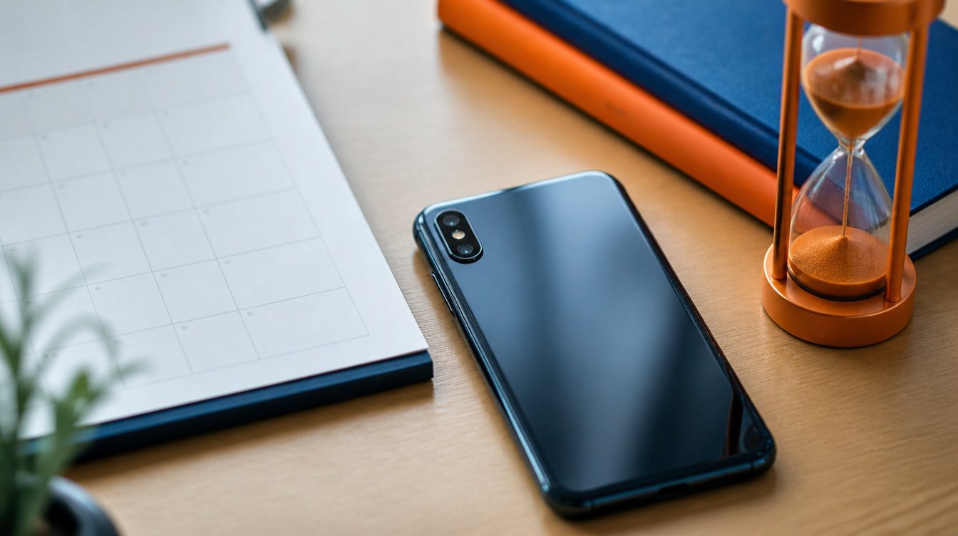 Starší iPhone XS na stole vedľa kalendára a presýpacích hodín — čas podpory sa kráti