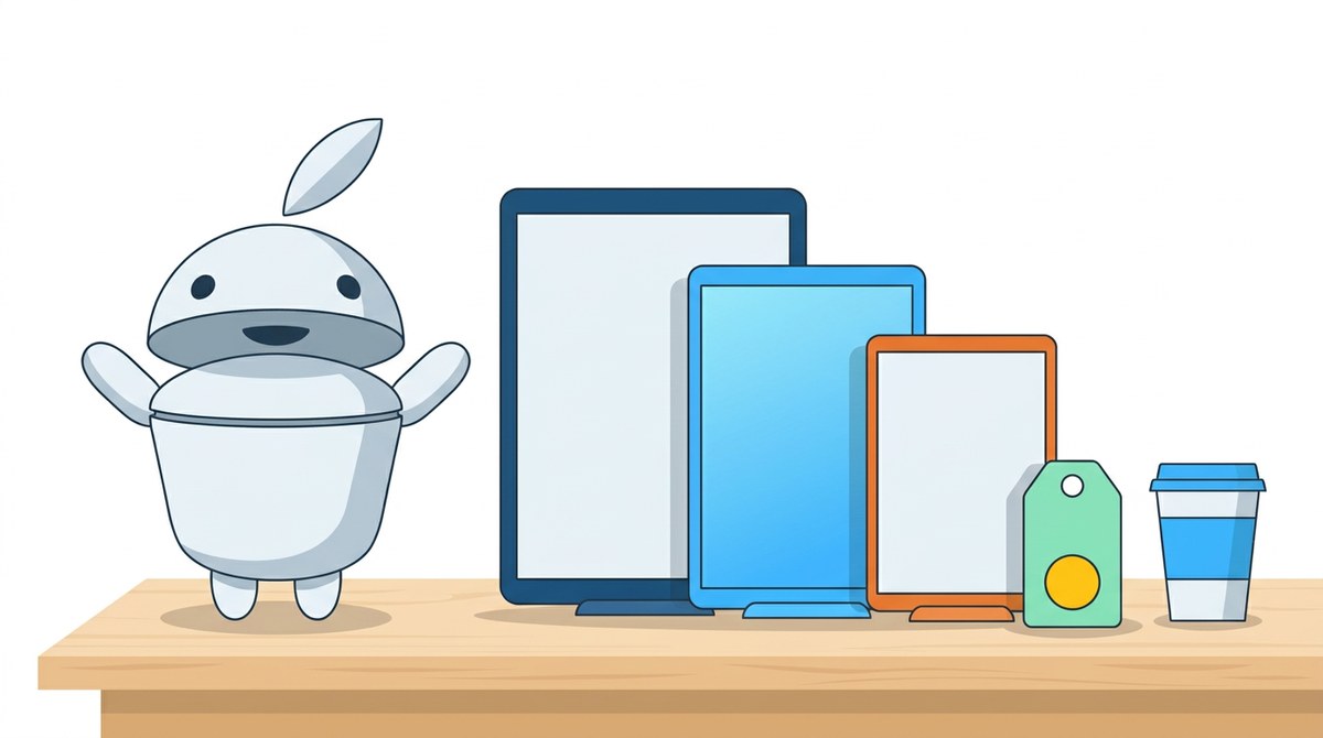Maskot iguru.sk pri troch repasovaných tabletoch rôznych veľkostí na pracovnom stole