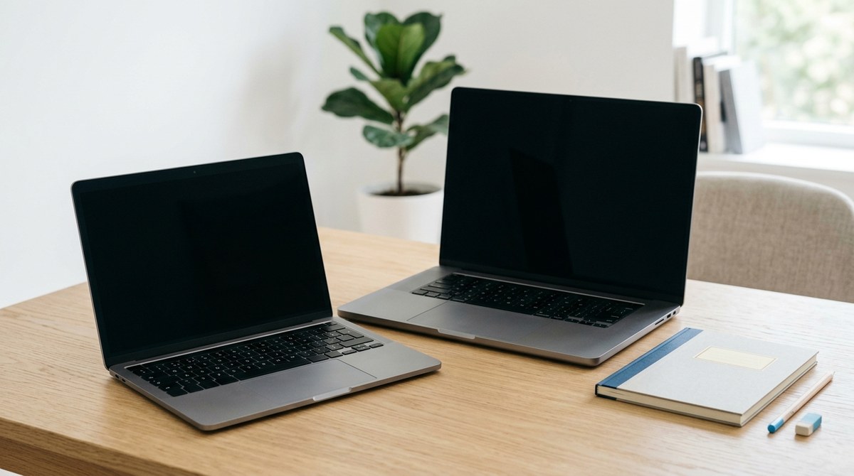 Repasovaný MacBook Air 13 a 15 palcov vedľa seba na pracovnom stole so zošitom a ceruzkou