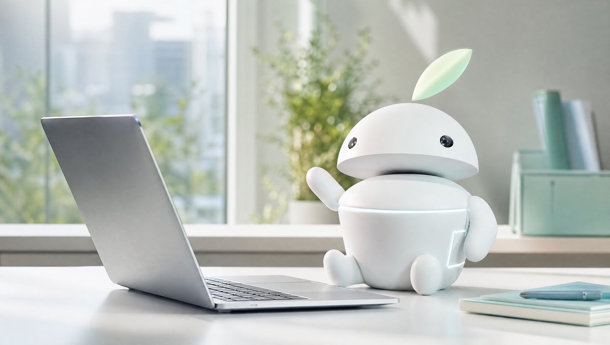 Renovovaný MacBook Air M3 otvorený na stole pri okne a maskot iguru.sk