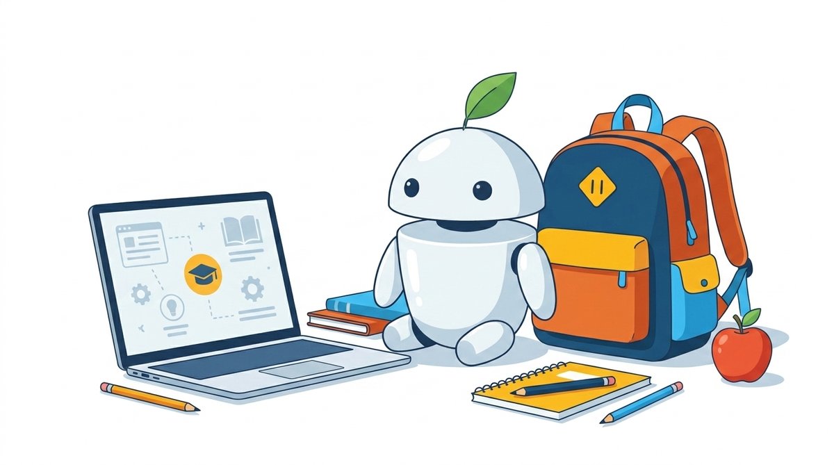 Maskot iguru.sk pri MacBooku Air a školskom batohu — renovovaný notebook pre študenta na školu 2026