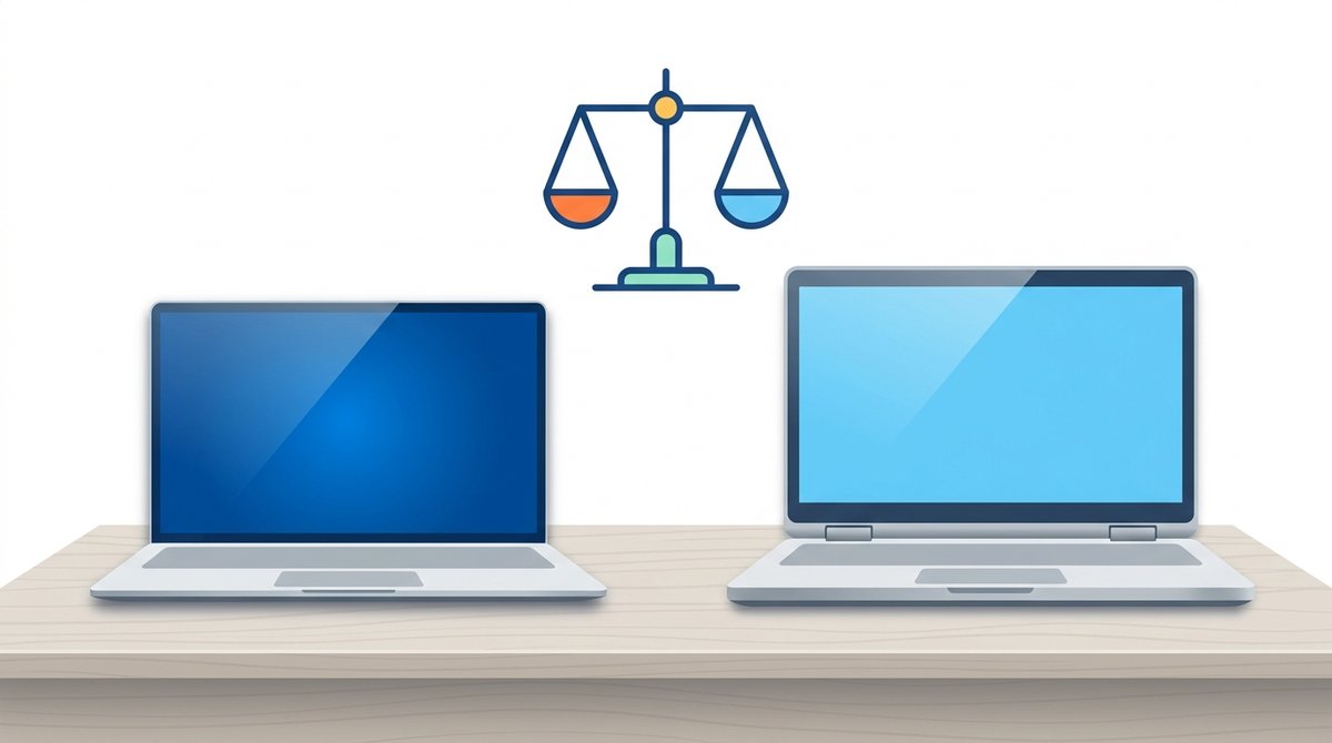 Dva otvorené notebooky vedľa seba na stole s ilustráciou váh — porovnanie repasovaného MacBooku a Windows notebooku do 700 eur