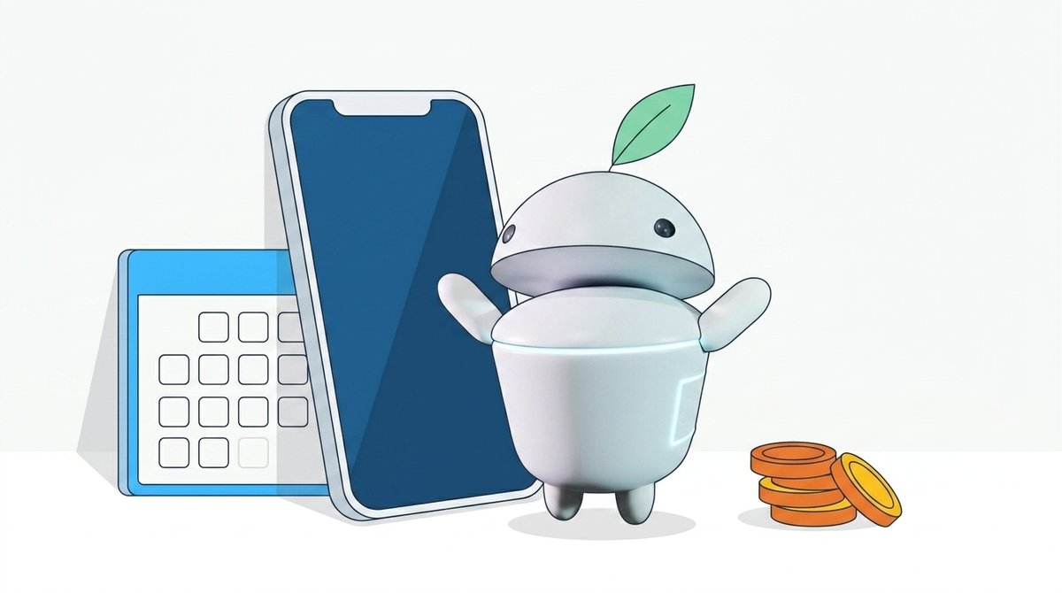 Maskot iguru.sk pri smartfóne, kalendári a minciach ako ilustrácia nákupu mobilu na splátky