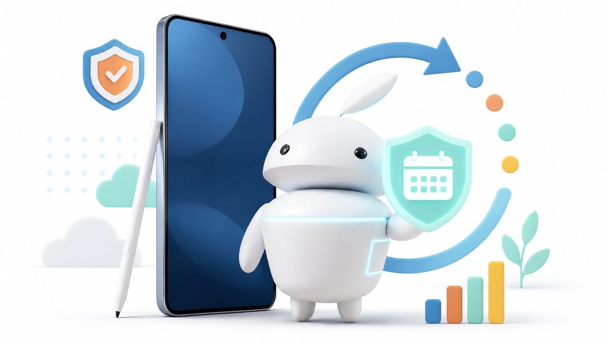 Ilustrácia maskota iguru.sk s Galaxy S24 Ultra a štítom symbolizujúcim sedem rokov aktualizácií