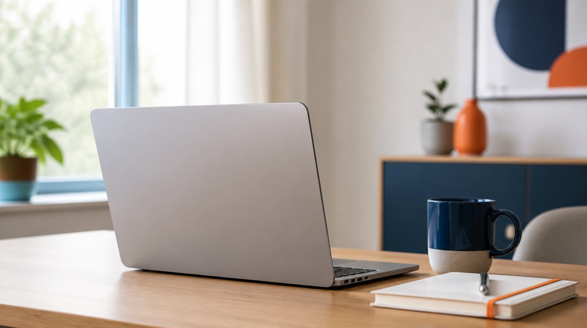 Pracovný notebook otvorený na upratanom stole v domácej pracovni pri okne