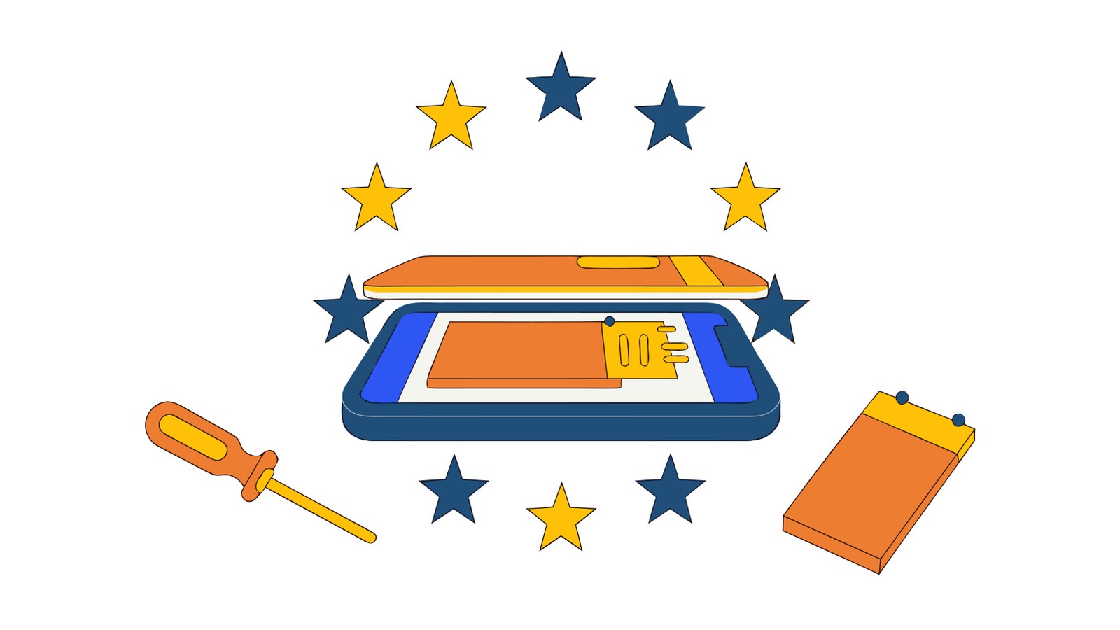Právo na opravu 2026 — rozobraný mobil, skrutkovač a náhradná batéria