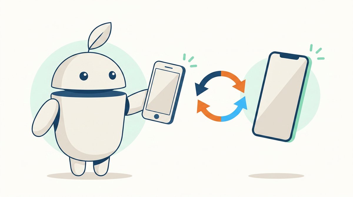 Maskot iguru drží starší smartfón, šípky výmeny smerujú k novšiemu modelu — ilustrácia protiúčtu