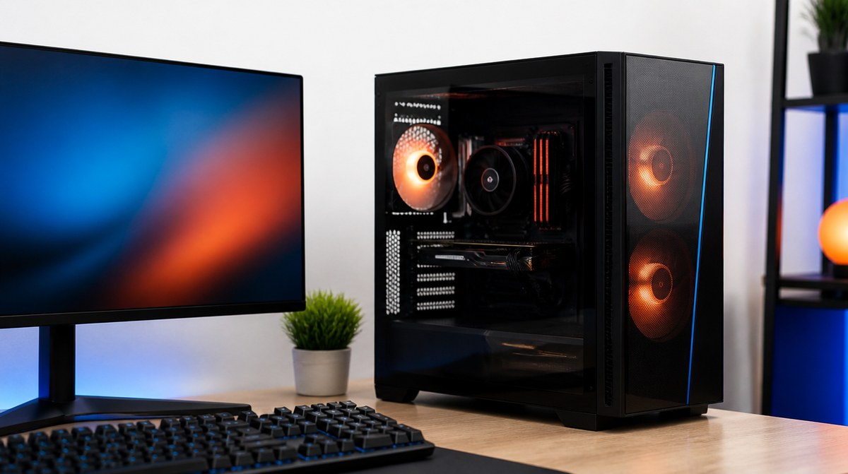 Repasované PC — stolný počítač so sklenenou bočnicou na pracovnom stole vedľa monitora a klávesnice