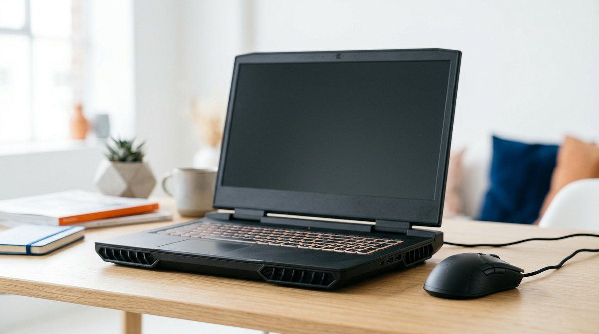 Repasovaný herný notebook s podsvietenou klávesnicou a hernou myšou na pracovnom stole