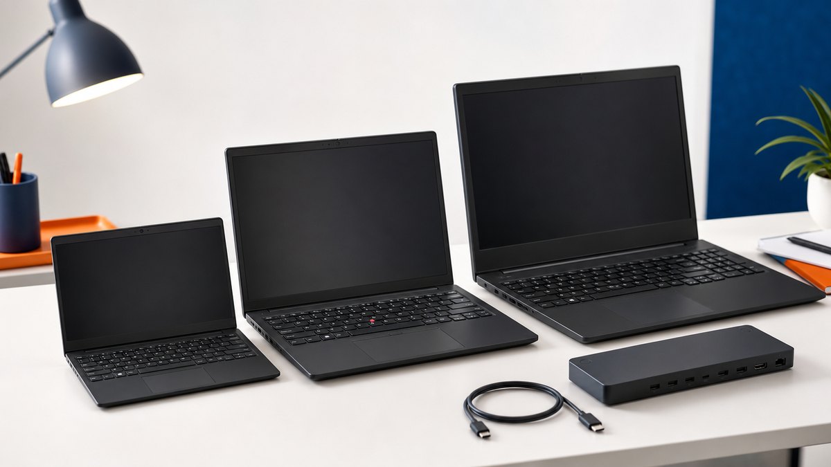 Tri repasované biznis notebooky rôznych veľkostí s dokovacou stanicou a USB-C káblom na pracovnom stole
