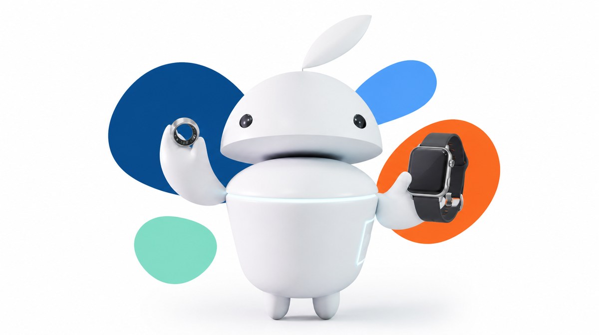Maskot iguru.sk drží v jednej ruke smart prsteň a v druhej smart hodinky