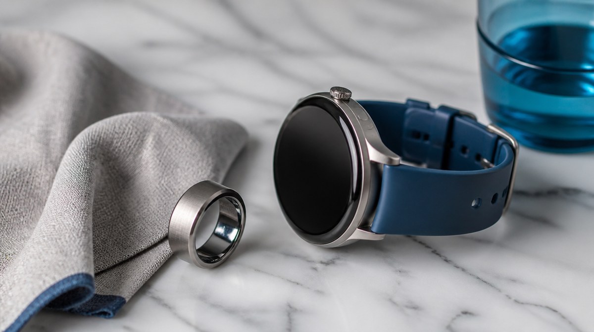 Titánový smart prsteň a okrúhle smart hodinky vedľa seba na mramorovej doske