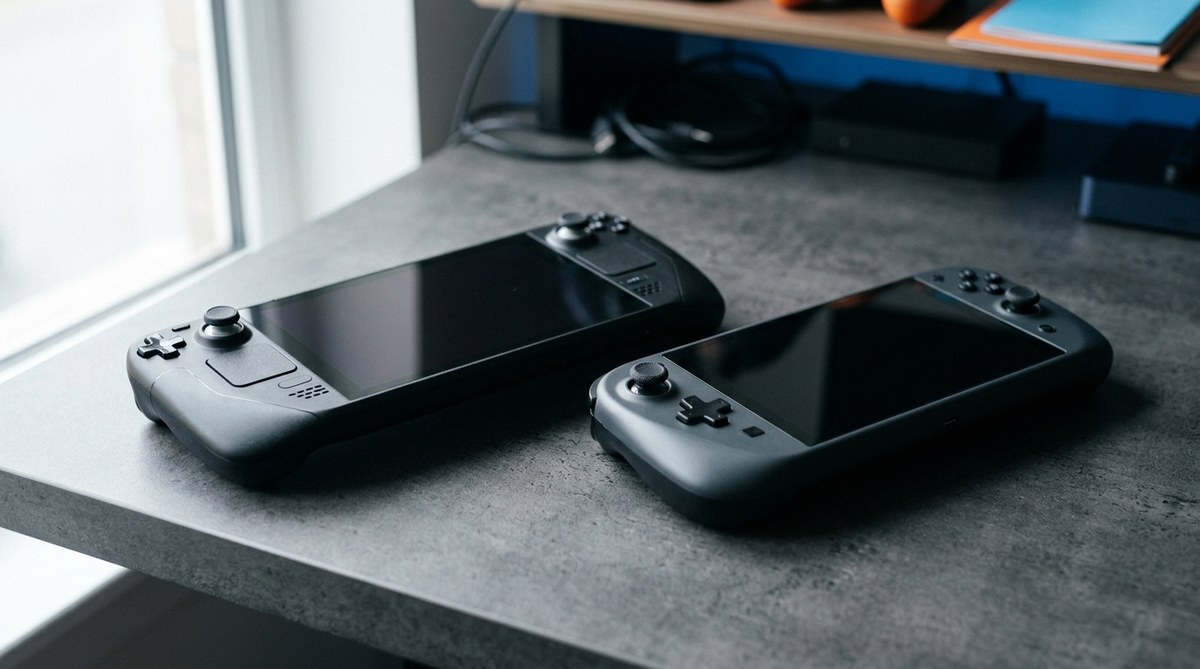 Steam Deck LCD a Lenovo Legion Go S vedľa seba — porovnanie herných handheldov do 500 eur
