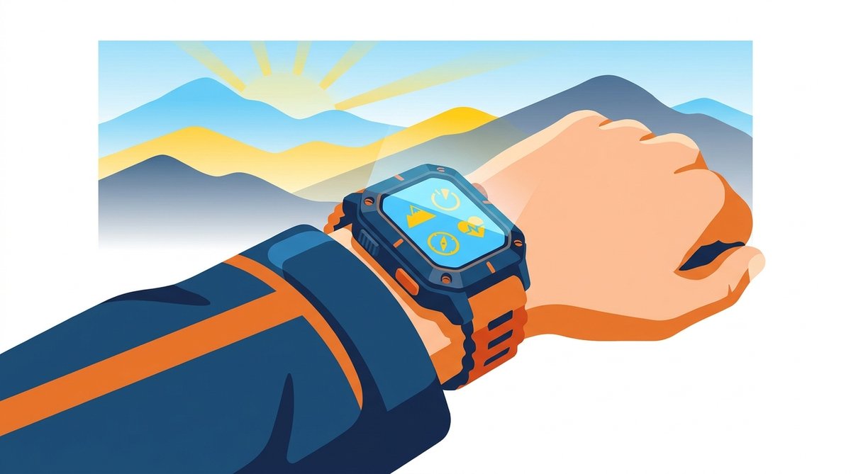 Apple Watch Ultra 3 s titánovým puzdrom na zápästí turistu — outdoor hodinky 2026, ilustrácia iguru.sk