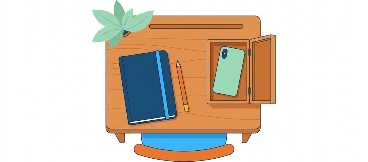 Ilustrácia školskej lavice so zošitom, ceruzkou a odloženým mobilom v úložnom boxe — regulácia mobilov v školách