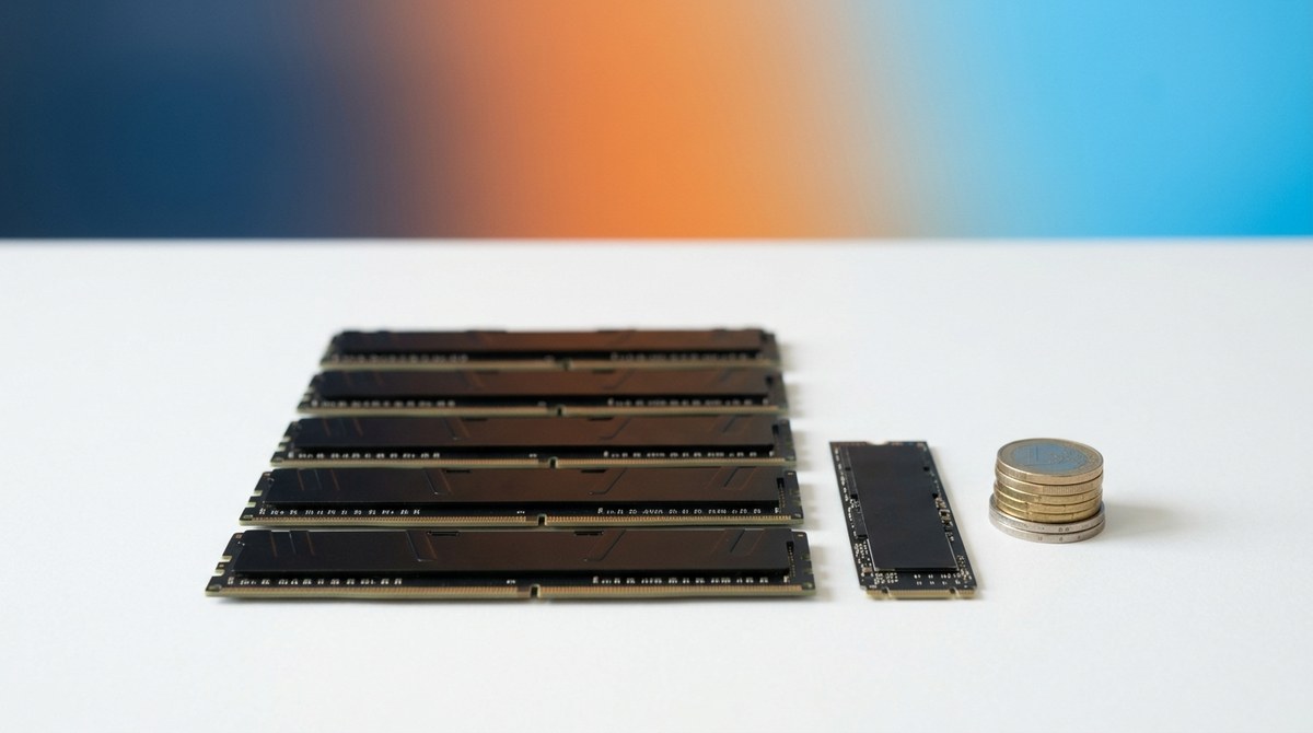 Moduly operačnej pamäte RAM a SSD disk vedľa stĺpika euromincí — ilustrácia zdražovania elektroniky v roku 2026