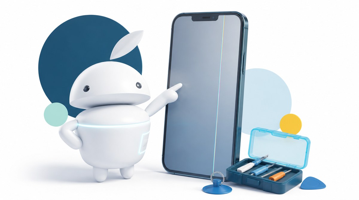Maskot iguru.sk ukazuje na zvislú farebnú čiaru na displeji telefónu pri servisnej oprave