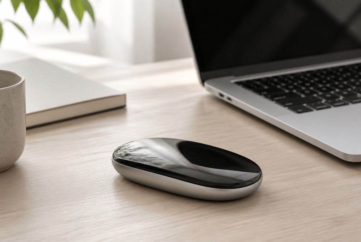 Renovovaná bezdrôtová myš Apple Magic Mouse USB-C s čiernym Multi-Touch povrchom na pracovnom stole vedľa notebooku