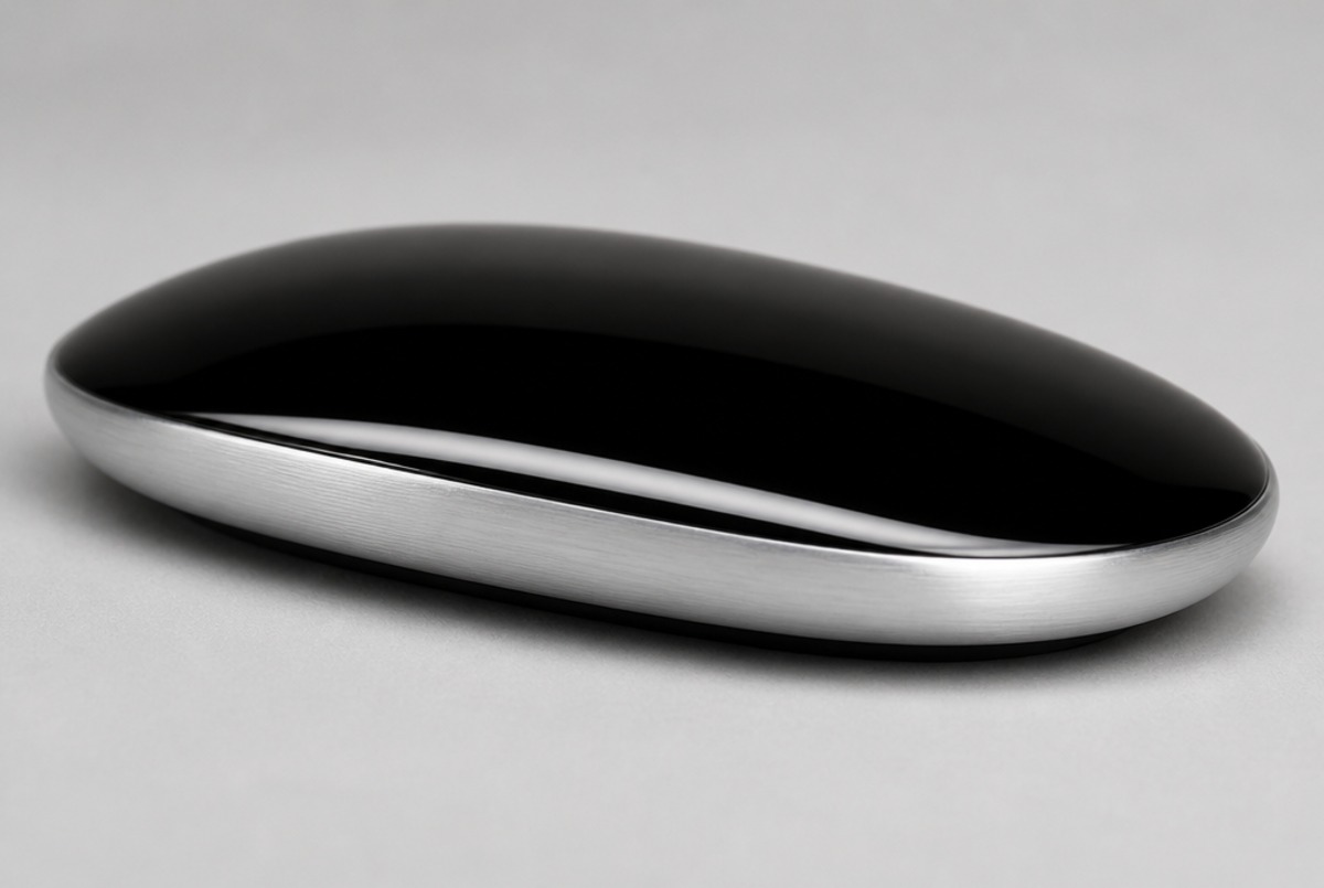 Detail lesklého čierneho Multi-Touch povrchu bezdrôtovej myši Apple Magic Mouse USB-C so svetelným odleskom