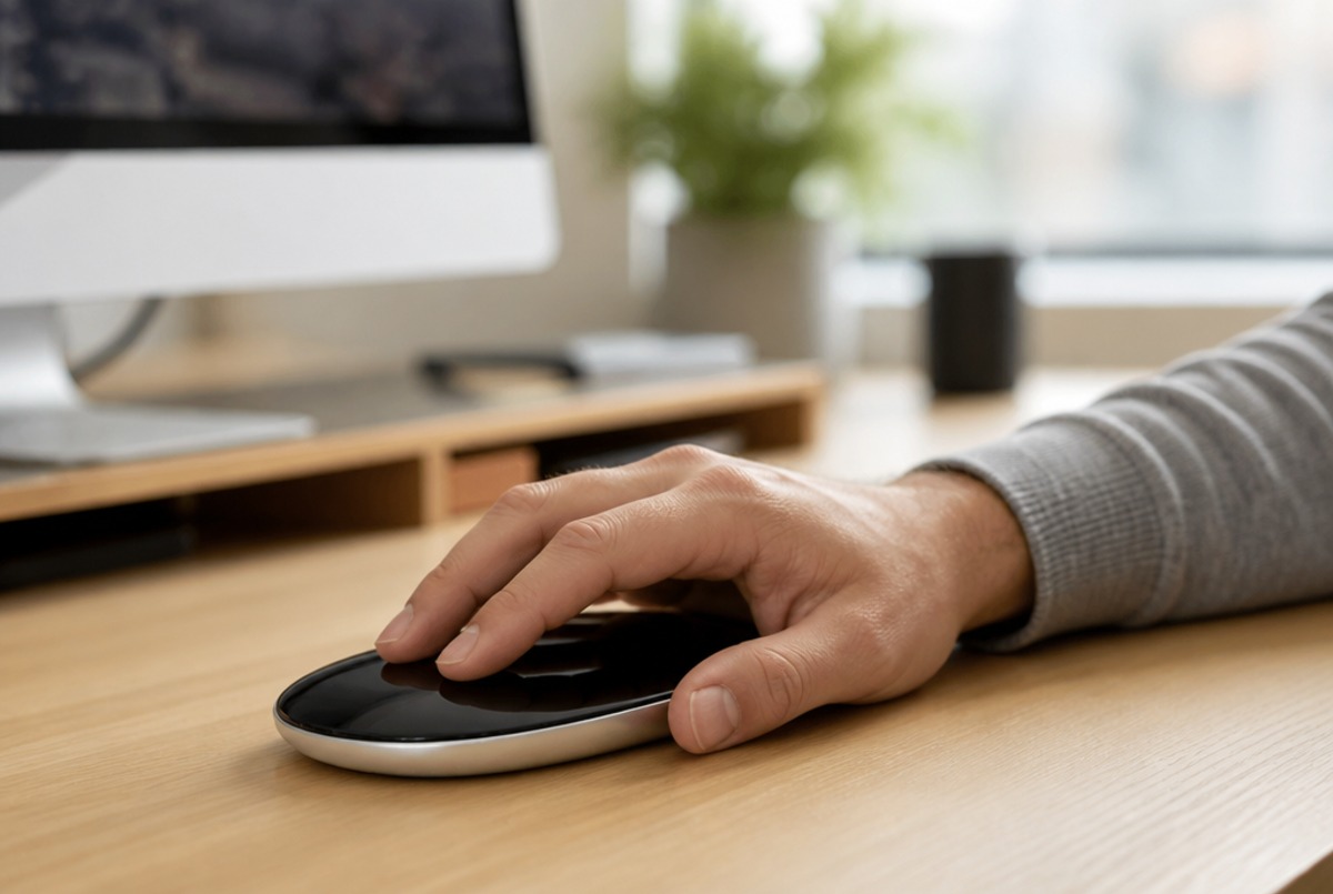 Ruka na renovovanej bezdrôtovej myši Apple Magic Mouse USB-C pri práci za počítačom