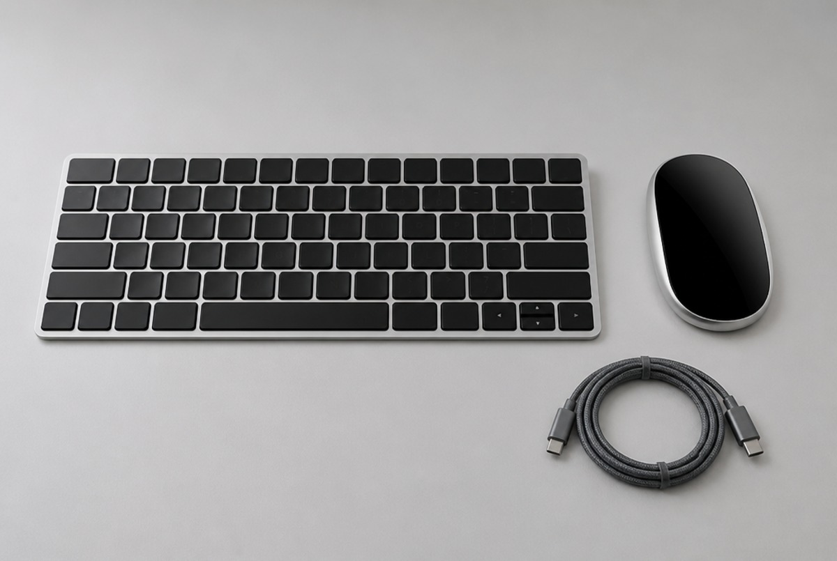 Renovovaná bezdrôtová myš Apple Magic Mouse USB-C s klávesnicou a opleteným nabíjacím káblom USB-C na minimalistickom stole