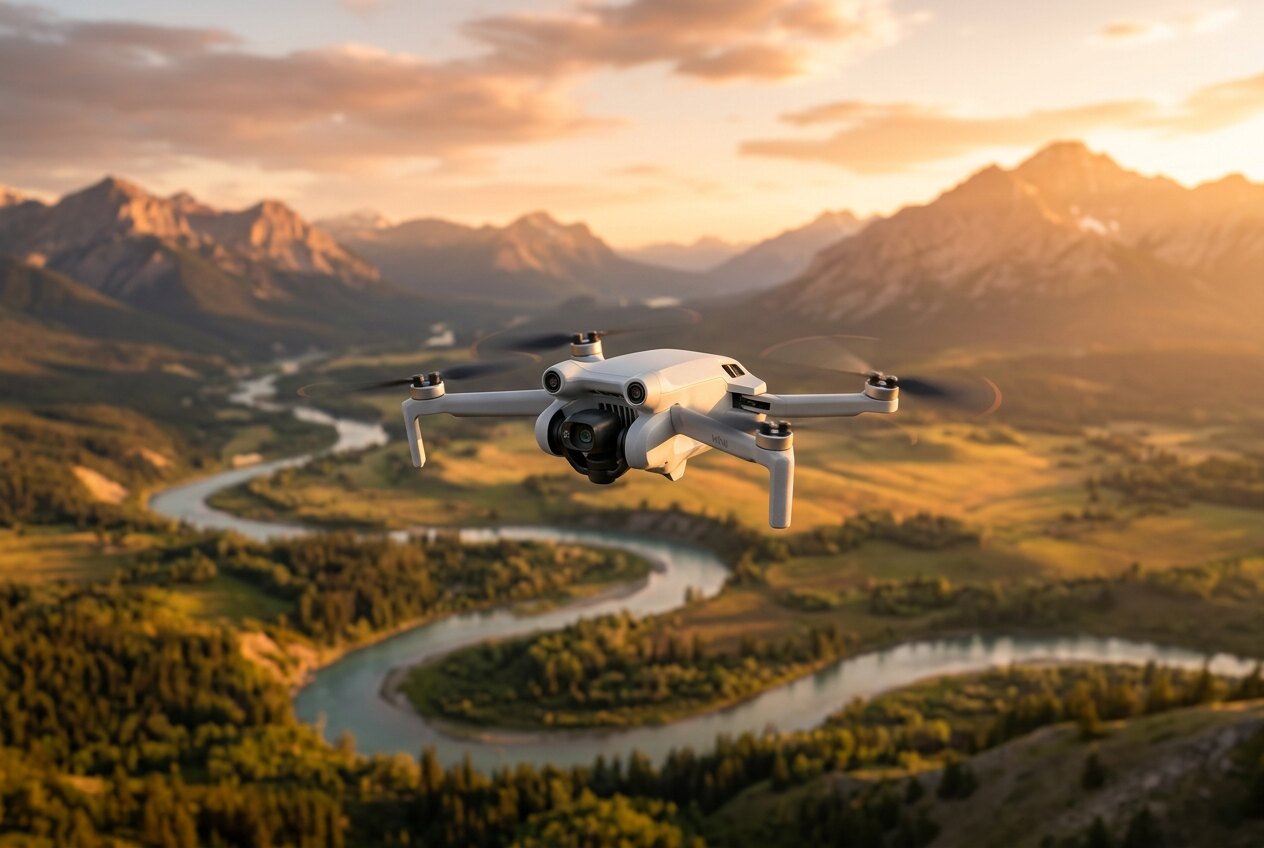 Nový DJI Mini 4 Pro – let nad krajinou pri západe slnka