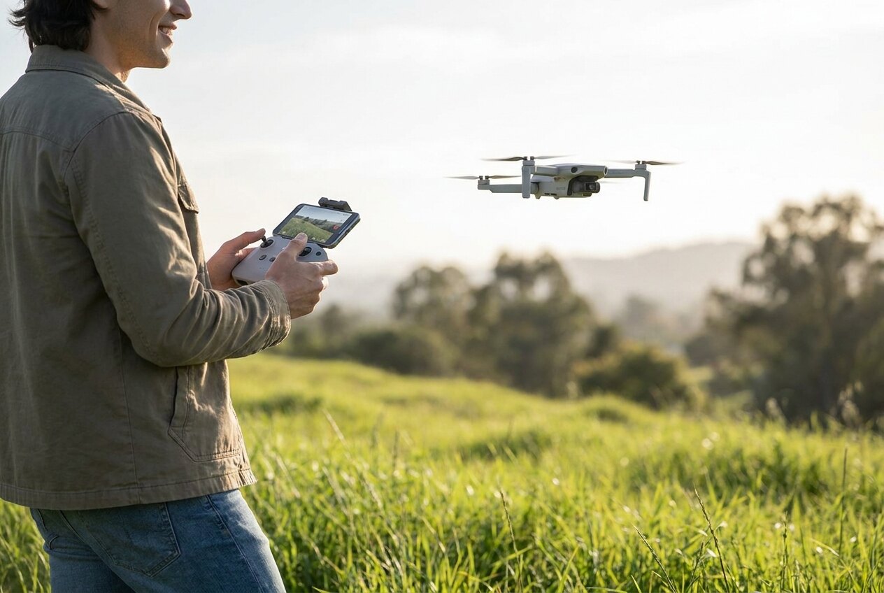 Nový DJI Mini 4 Pro – pilot s ovládačom RC-N2 a dronom na lúke