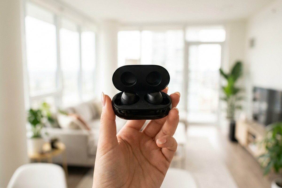 Renovované Samsung Galaxy Buds2 Graphite – slúchadlá s otvoreným nabíjacím puzdrom na stole pri smartfóne a šálke kávy