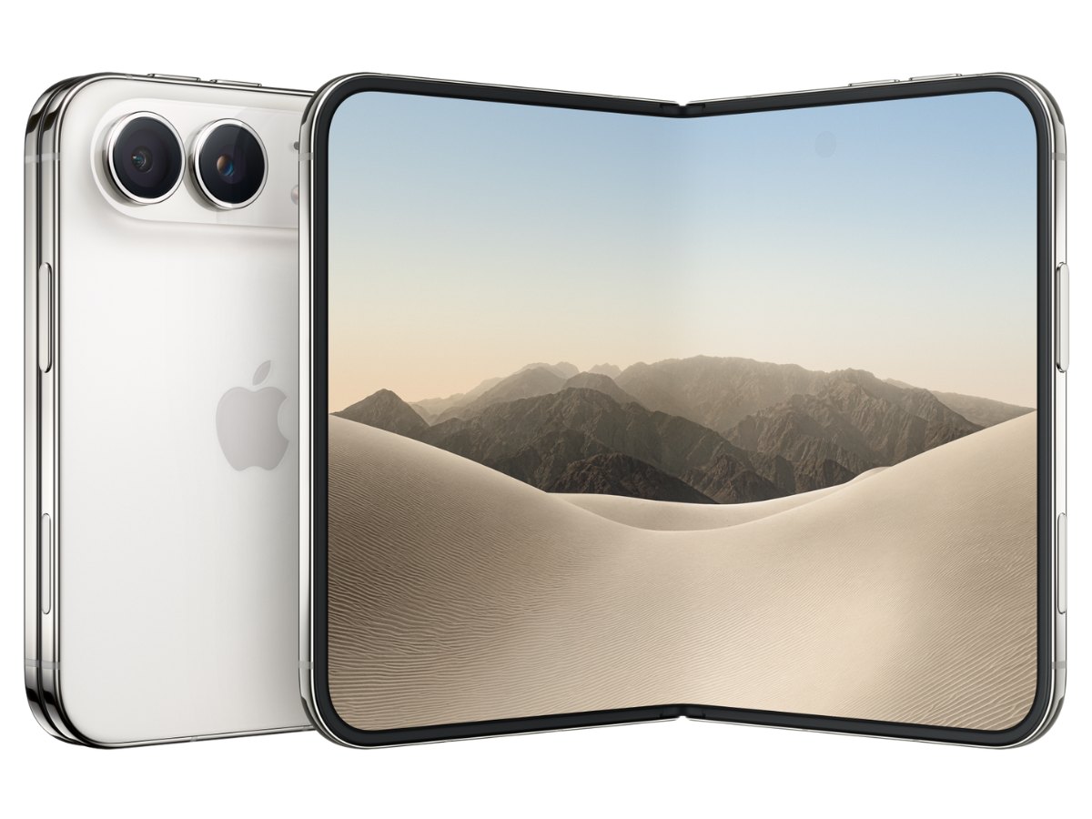 Skladací iPhone Duo vo farbe Star White – titánový rám a rozložený 7,6″ vnútorný displej